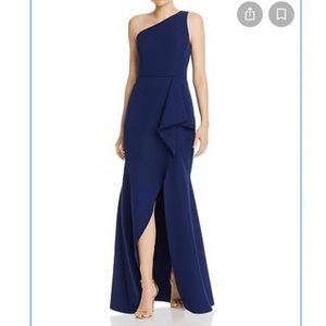 Aidan Mattox Navy Draped Crepe Long Dress One Shoulder in Sz 0